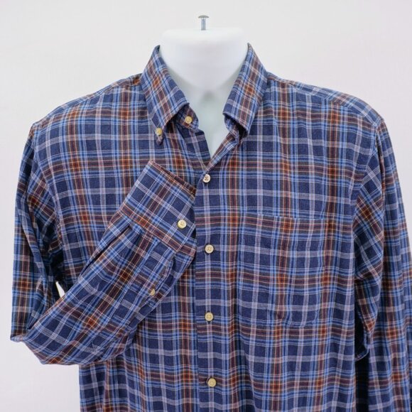 Peter Millar Medium Cotton Plaid Brown Blue Pocket Front Button Down - Picture 1 of 9